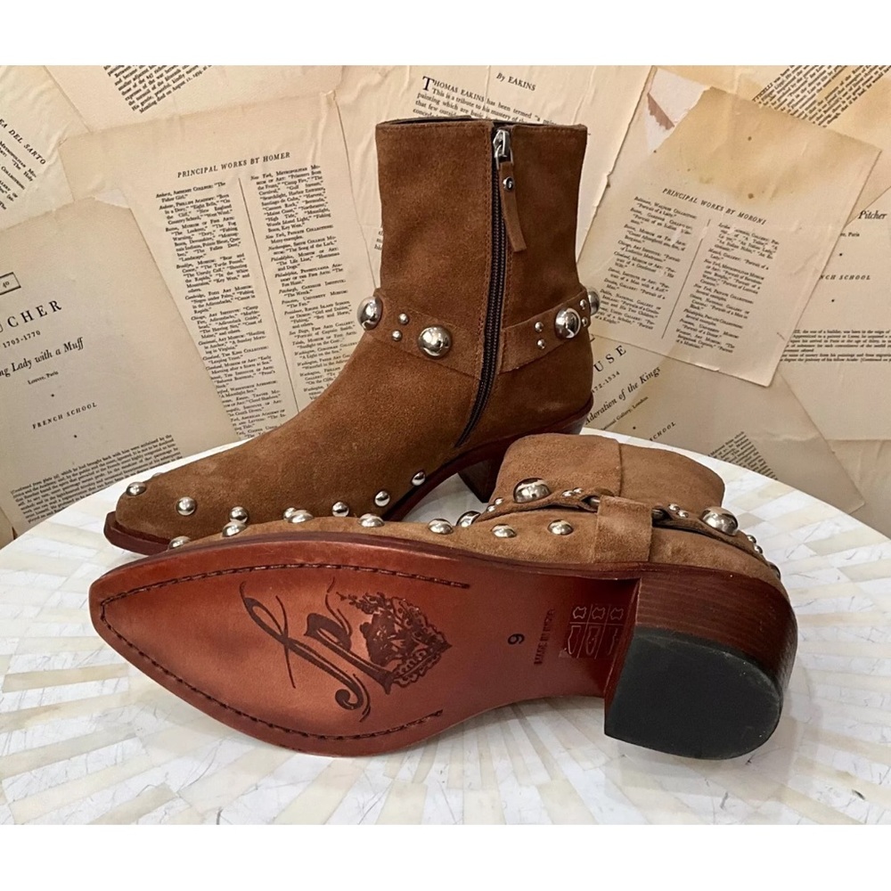 Free People Amelia Studded Ankle Boot Harness Western Tan Brown Suede - Picture 5 of 6